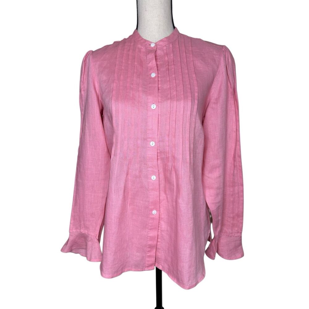 Tracy M Linen Button Up Blouse Pink Long Bell Sleeve Pin-tucked Size L Feminine